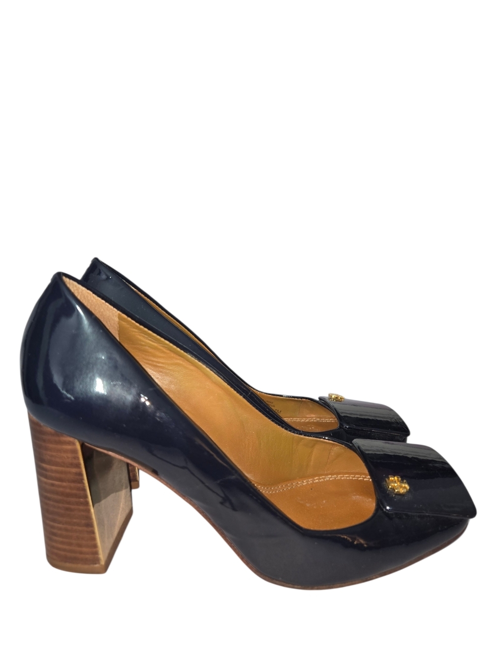 Tory Burch Yardley Navy Blue Patent Leather Square Toe Block Heel Pump - Picture 2 of 13